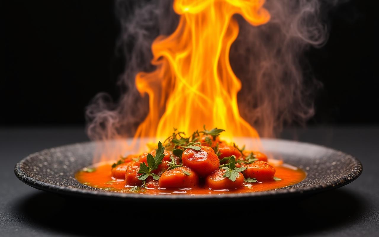 อาหารไทยฟิวชั่นเสิร์ฟบนกระทะร้อนที่มีควันพวยพุ่ง