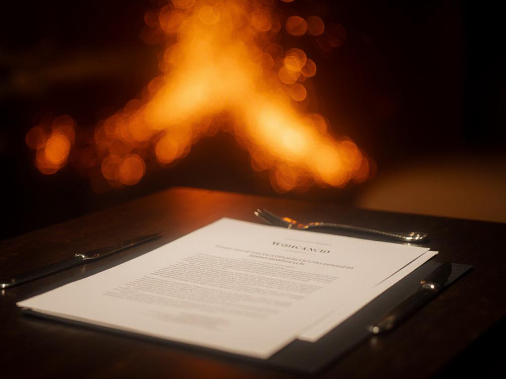 เอกสารเงื่อนไขที่จัดเรียงอย่างมืออาชีพพร้อมแสงสีโทนร้อนสะท้อนธีมภูเขาไฟ