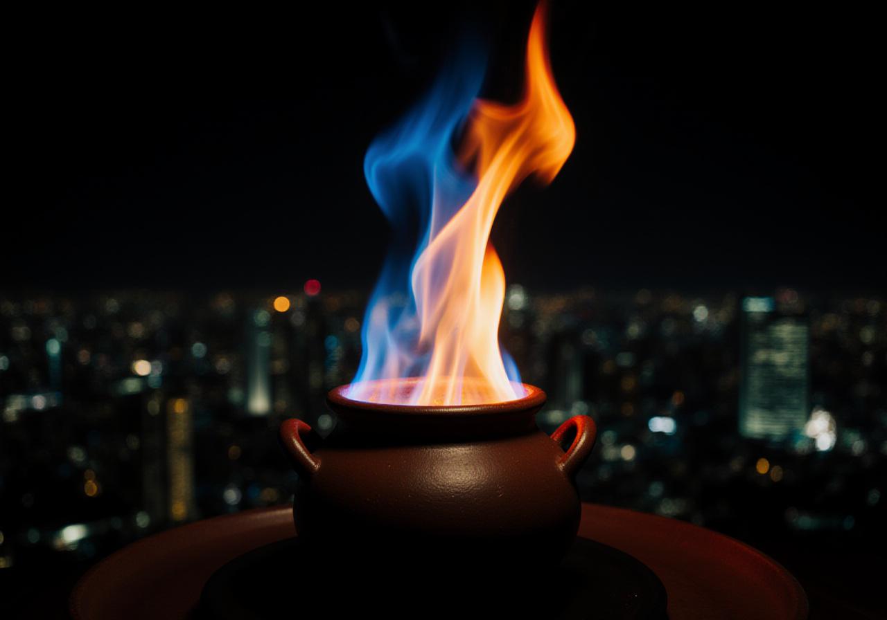 จานอาหารไทยสไตล์ภูเขาไฟที่มีไฟลุกโชนกระตุ้นความตื่นเต้น