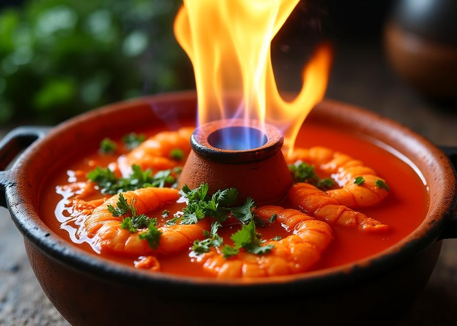 ต้มยำกุ้งน้ำข้นที่เสิร์ฟในหม้อไฟภูเขาไฟที่มีไฟลุกโชน